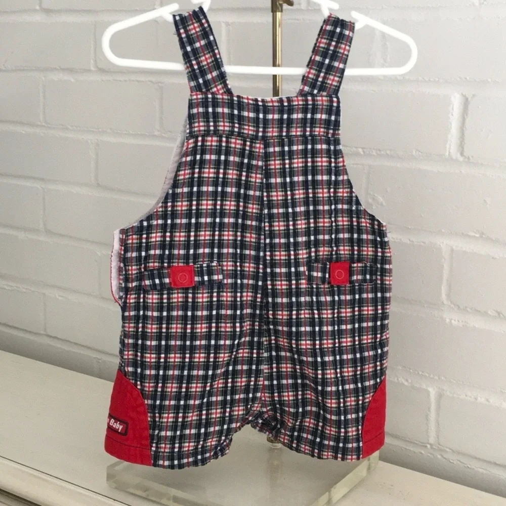 American Baby Classic Red/Blue Plaid Overalls Baseball Theme Size 6-9 Months
